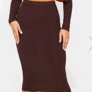 Pretty Little Thing Brown High Waist Ribbed Midi Skirt